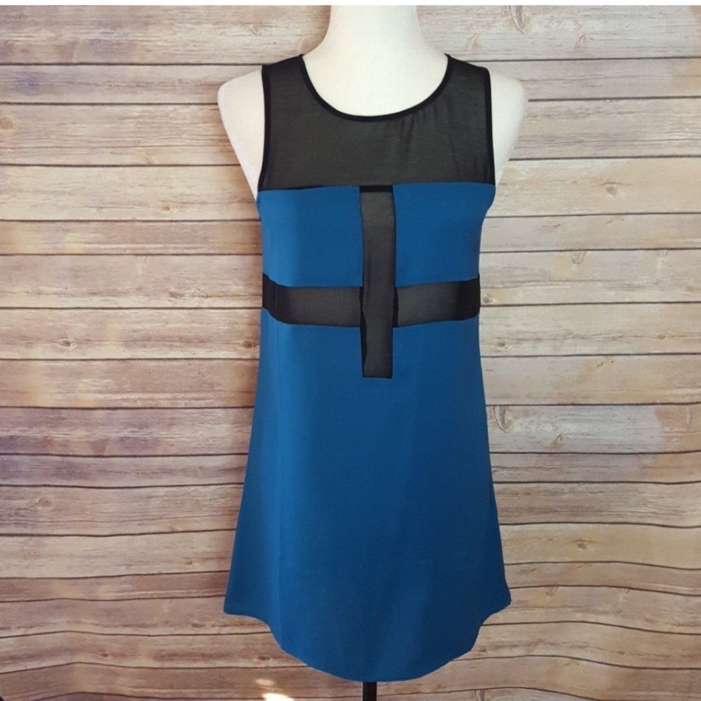 NOM DE PLUME Sleeveless Blue and Black Tunic With Sheer Black Detail